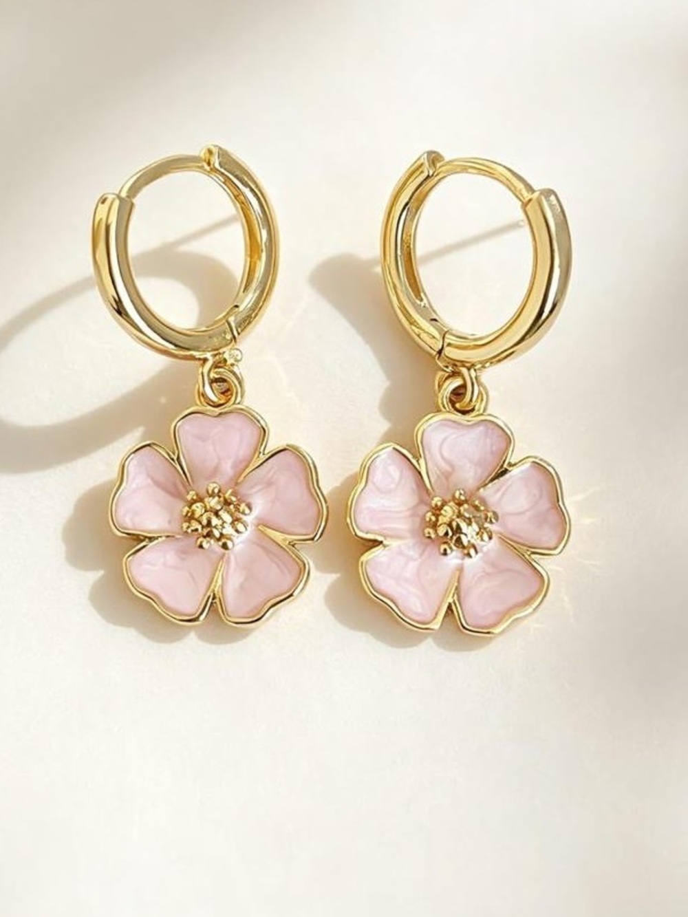 New  Gold Hoop Earrings with Pink Flower Drops
